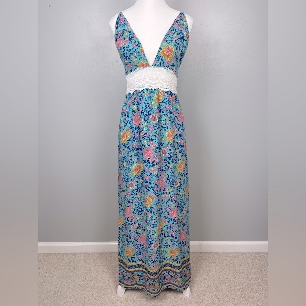 Nature Comfy deep v-neck maxi dress with sheer crochet lace at waist, medium.